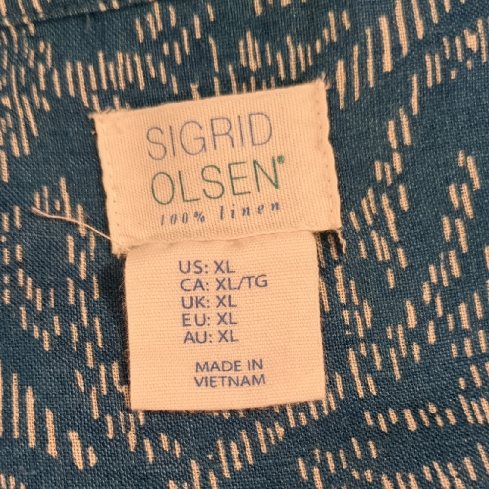 Sigrid Olsen Teal and Cream Patterned Linen Shirt - Picture 2 of 7